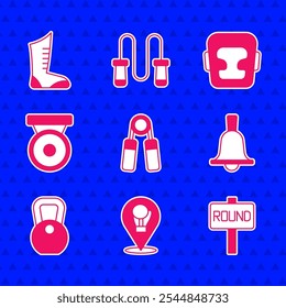 Set Sport expander, Boxing glove, ring board, bell, Weight, gong, helmet and boxing shoes icon. Vector