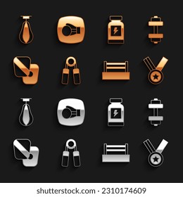 Set Sport expander, Dumbbell, Medal, Boxing ring, training paws, Energy drink, Punching bag and glove icon. Vector