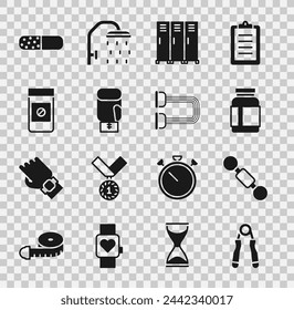 Set Sport expander, Dumbbell, Sports nutrition, Locker changing room, Boxing glove, Anabolic drugs, Vitamin pill and Chest icon. Vector