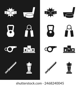 Set Sport expander, Kettlebell, Punch in boxing gloves, Ice hockey stick puck, Whistle, Award over sports winner podium, cup and Japanese katana icon. Vector