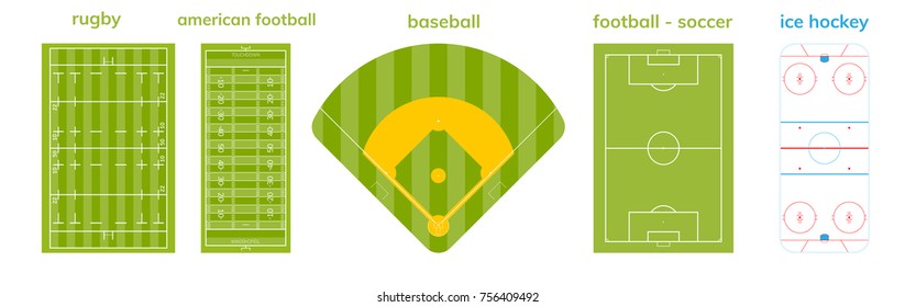 Set of sport field.  Ice hockey rink, soccer, football, american football, rugby playgrounds. Sport outdoor background.