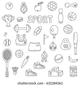 Set of sport fitness activity healthy life vector doodles graphic outline drawings black and white