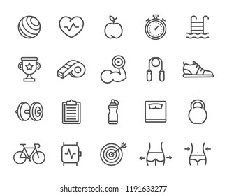 Set of sport, fitness and gym line icons. Target, smart watch, bicycle, libra, bottle, clipboard, dumbbell, barbell, whistle, jump rope, biceps, sneaker, trophy cup, pool, timer, rubber ball and more.