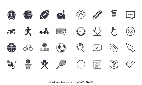 Set of Sport and Fitness icons. Football, tennis and volleyball signs. Swimming pool, Biking and Bowling symbols. Award, Golf and Baseball. Calendar, Document and Download line signs. Vector