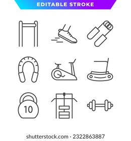 Set of Sport and Fitness Outline Icon. Run, Dumbell, Treadmill, Hand Grip, and More. Editable Stroke. Vector Eps 10