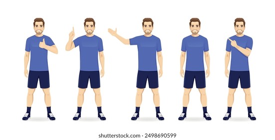 Set of sport fitness young handsome man wearing blue sportswear in different poses isolated vector illustration