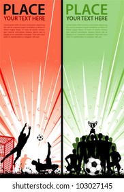 Set Sport Flyers with Soccer Players, Goalkeeper and Team with Cup, vector illustration
