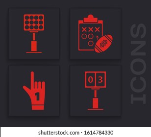 Set Sport football mechanical scoreboard and result display, Bright stadium lights, Planning strategy concept and Number 1 one fan hand glove with finger raised icon. Vector