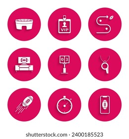 Set Sport football mechanical scoreboard and result display, Smartphone with american on the screen, Whistle, American Football, tv program stand, Planning strategy concept and stadium icon. Vector