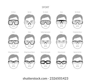 Set of Sport frame glasses on men face character fashion accessory illustration. Sunglass front view unisex silhouette style, rim spectacles eyeglasses with lens sketch style outline isolated on white