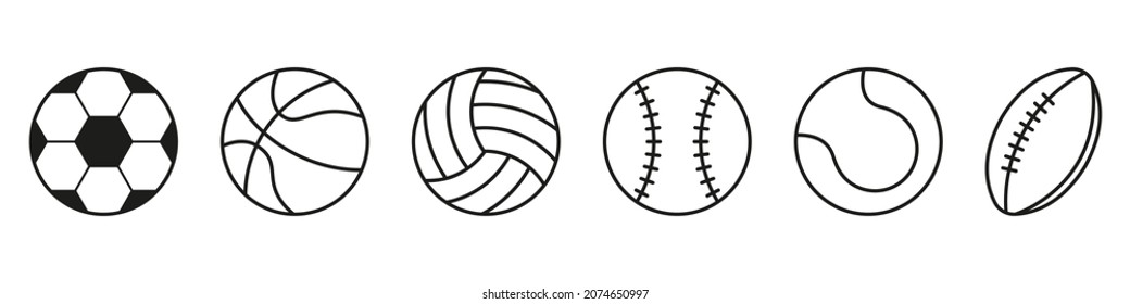 Set of Sport Game Balls Line Icon. Collection of Balls for Basketball, Baseball, Tennis, Rugby, Soccer, Volleyball Pictogram. Editable Stroke. Isolated Vector Illustration.