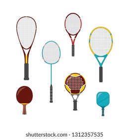 Set of sport game equipment - rackets for badminton, table and big tennis, beach and platform tennis. Equipment and rackets for pickleball, squash, isolated vector illustration in a flat style.