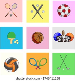 Set of sport game equipment - rackets for badminton, baseball,soccer,rugby,basketball,golf and tennis.