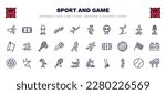 set of sport and game thin line icons. sport and game outline icons such as excercise, brazilian, wushu, cup, tennis game, skating, football ball circular, squash, sprained ankle, flying shoes