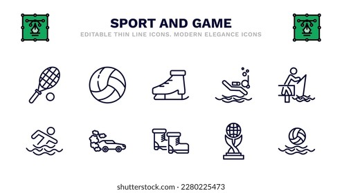 set of sport and game thin line icons. sport and game outline icons such as volleyball ball, ice skates, scuba diving, fisher fishing, swimming figure, swimming figure, drift car, ski boots, world