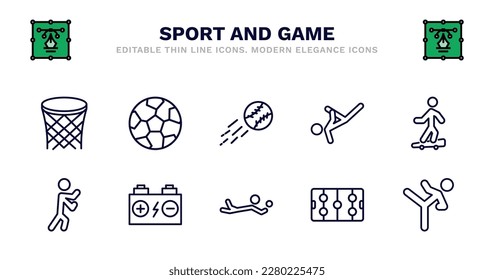 set of sport and game thin line icons. sport and game outline icons such as soccer football ball, home run, capoeira, boy with skatingboard, man punching, man punching, batter, volleyball motion,