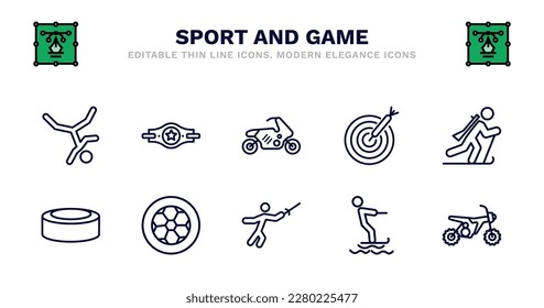 conjunto de iconos de la línea delgada del deporte y del juego. íconos deportivos y de contorno de juego como cinturón campeón, bicicleta de carreras, tablón de dardos, biatlón, disco de hockey, disco de hockey, circular de fútbol, medieval