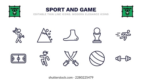 set of sport and game thin line icons. sport and game outline icons such as snow slide zone, ankle, brazilian, man sprinting, basketball court, basketball court, wushu, saber, exercise ball, gym