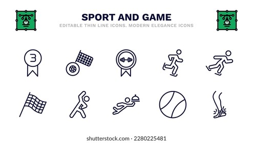 set of sport and game thin line icons. sport and game outline icons such as motor sports, weight lifting medal, ice skating, skating, chequered flag, chequered flag, stretching, waiter falling,