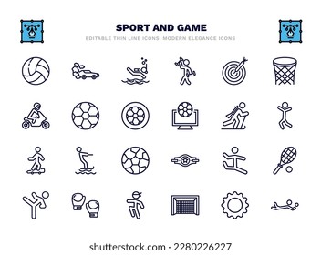 set of sport and game thin line icons. sport and game outline icons such as volleyball ball, scuba diving, dartboard with dart, football ball, biathlon, jet surfing, dancer motion, boxing glove,