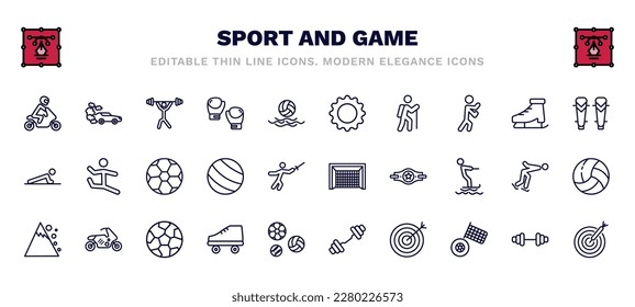 conjunto de iconos de la línea delgada del deporte y del juego. íconos deportivos y de contorno del juego como la motocicleta, el levantamiento de pesas, el equipo, la guardia de espinilla, la pelota de fútbol, el gol de hockey, la zona de deslizamiento de nieve, el patín de rodillos,