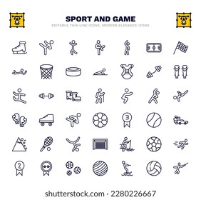 set of sport and game thin line icons. sport and game outline icons such as ice skates, dancing motion, left bend, weighted bars, trekking, roller skate, drift car, fisher fishing, balls vector.