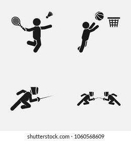 Set of sport games elements flat vector icon. Fencing, basketball and badminton illustration.