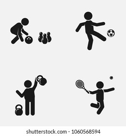 Set of sport games and gym elements flat vector icon. Bowling, football, weightlifting and tennis illustration.