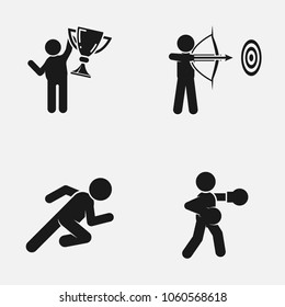 Set of sport games and gym elements flat vector icon. Archery, boxing and athlete illustration.