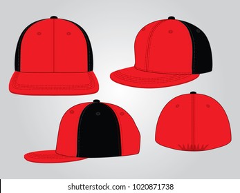 Set Sport Hip Hop Cap Design Red-Black With Fitted Elastic Back Vector.