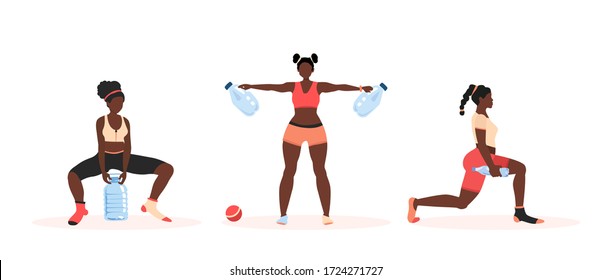 Set: Sport At Home During Coronavirus Lockdown. African American Women Do Gym And Squat Exercises With Improvised Handmade Barbell And Kettlebell (bottles Of Water). Isolated On White, Flat, Stock.