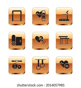 Set Sport horizontal bar, Barbell, Gymnastic rings, Dumbbell with heart, Fitness mat roll, Treadmill machine, Heart rate and Smart watch icon. Vector