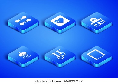 Set Sport horizontal bar, Dumbbell, Gymnastic rings, Shower, Heart rate and building icon. Vector