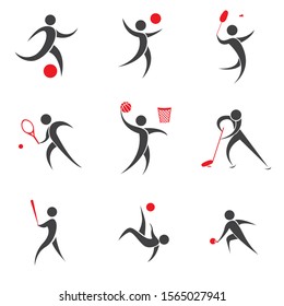 Set of sport icons black and red. Soccer, Football, Volley, Badminton, Tennis, Basketball, Hockey, Baseball, Sepak Takraw, Table Tennis