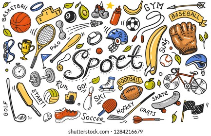 Set of sport icons doodle style. Equipment for fitness and training. Symbols of health and activity. Tennis and football, basketball. Games for the gym and physical education. Background for web site.