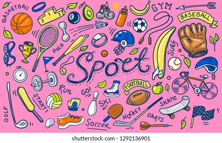 Set of sport icons doodle style. Equipment for fitness and training. Symbols of health and activity. Tennis and football, basketball. Games for the gym and physical education. Background for web site.