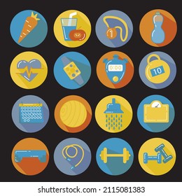 Juego de íconos deportivos en diseño plano con sombras en colores brillantes sobre fondo negro. Iconos de deporte plano de vectores