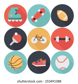Set of sport icons in flat design with long shadows