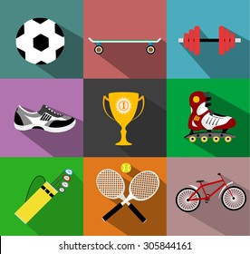Set of sport icons in flat design with long shadows like cup, shoes, boots, roller skates, skate, skateboarding, golf sticks, tennis, bicycle,  . Vector