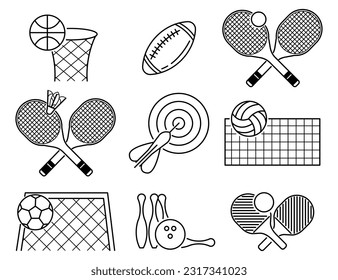 Set of sport icons in modern thin line style. Basketball, rugby, tennis, badminton, darts, volleyball, football, table tennis. High quality black outline activity symbols for website and mobile app de