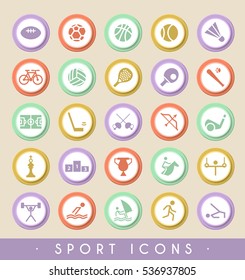Set of Sport Icons on Circular Colored Buttons. Vector Isolated Elements.
