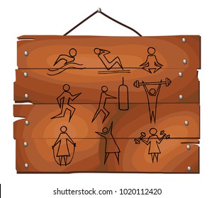 A set of sport icons on wooden plank background.Sport Silhouette. Sports action line icon. Hand drawn, Vector illustration.