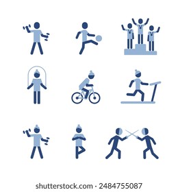 A set of sport icons. Sport pictograms with people. Activity and healthy lifestyle. Dumbbells, ball, pedestal with winners, cycling, jump rope, treadmill, yoga, fencing. 