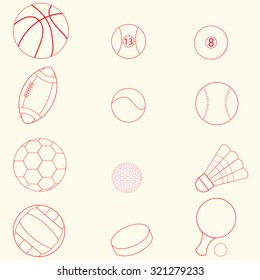 Set of sport icons, red line flat design, vector