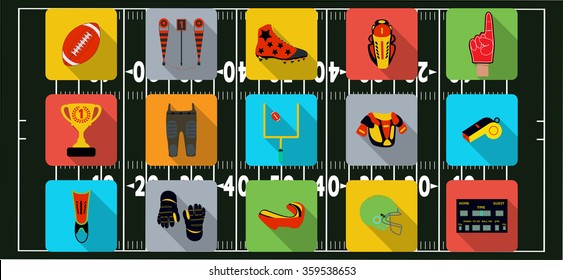 Set of sport icons, signs and symbols. American football. Vector illustration on the blur background.