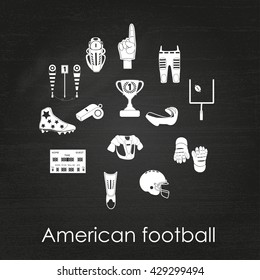 Set of sport icons, signs and symbols. American football. Vector illustration on the chalkboard background.