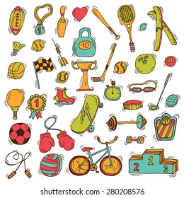 Set of sport icons in sketch style. Hand drawn sport equipment. Vector illustration