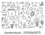 Set of sport icons. sports equipment, badminton, basketball, football, boxing, fitness, golf. Great for banners, sites, posters, design elements. Vector illustration EPS10. Hand drawn. Doodles
