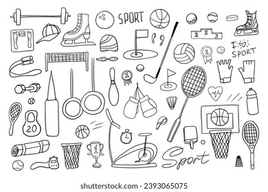 Set of sport icons. sports equipment, badminton, basketball, football, boxing, fitness, golf. Great for banners, sites, posters, design elements. Vector illustration EPS10. Hand drawn. Doodles