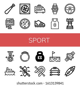 Set of sport icons. Such as Baseball bat, Action camera, Fan, Wall clock, Minivan, Trainers, Smartwatch, Tank top, Steering wheel, Rook, Medal, Boat, Bracelet, Kayak , sport icons